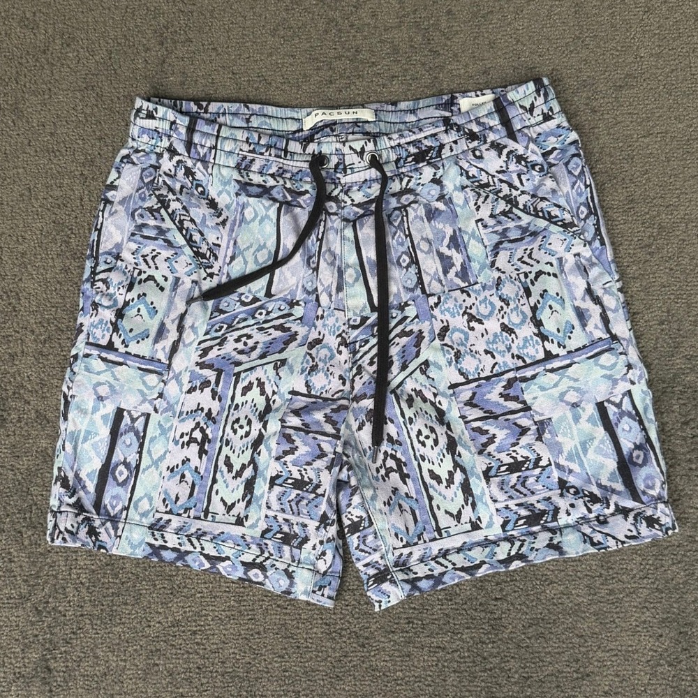 PacSun Volley Shorts Mens Small Blue Purple Geometric Tribal Print Drawstring